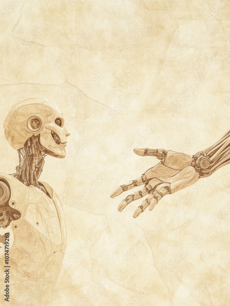 Poster a human extends their hand towards a robot, symbolizing a connection between technology and humanity
