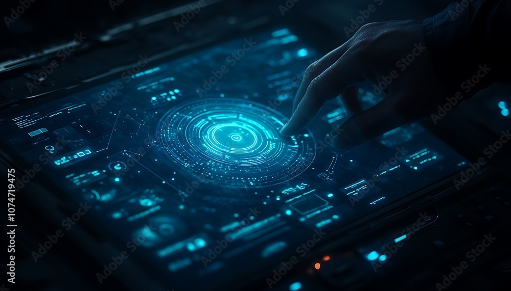 Poster A glowing interface with intricate designs is activated by a finger, showcasing technology and digital interaction in a dark environment.