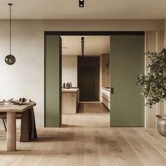 A kitchen with a green door and a green plant in a pot