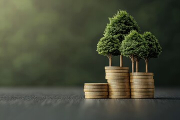 Nurturing financial growth stacked golden coins supporting trees for a sustainable future