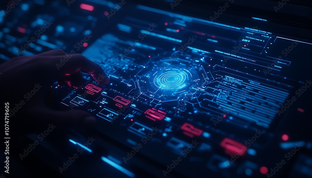 Poster A hand interacts with a futuristic digital interface, showcasing data floating in a blue glow against a dark background.
