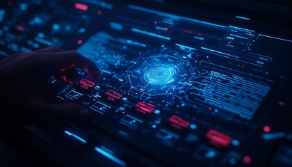 A hand interacts with a futuristic digital interface, showcasing data floating in a blue glow against a dark background.