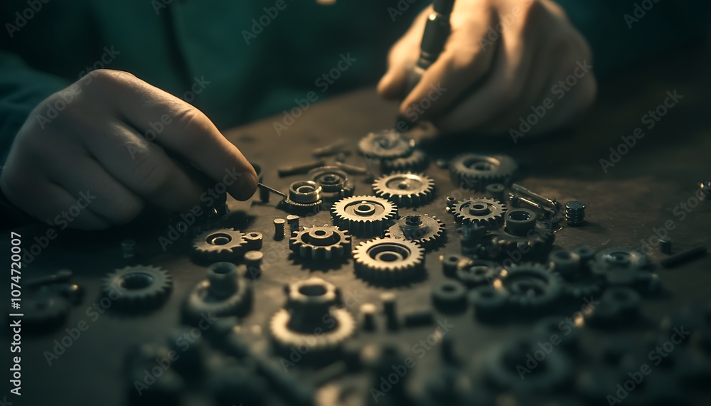 Poster A close-up of hands sorting intricate gears and mechanical parts on a dark surface, showcasing attention to detail in engineering or crafting.