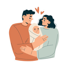 Young Man and Woman with Newborn Baby Child Vector Illustration