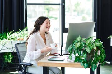 A radiant young woman sips coffee and smiles at her computer in a sunlit office.