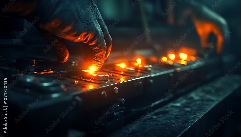 Poster a close-up of a person's hands operating glowing controls, surrounded by a dark, industrial setting,