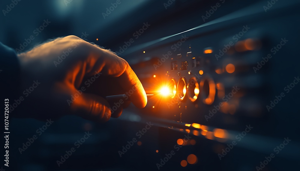 Poster a hand adjusting a knob on a device, illuminated by a warm glow, suggesting a focus on sound or tech