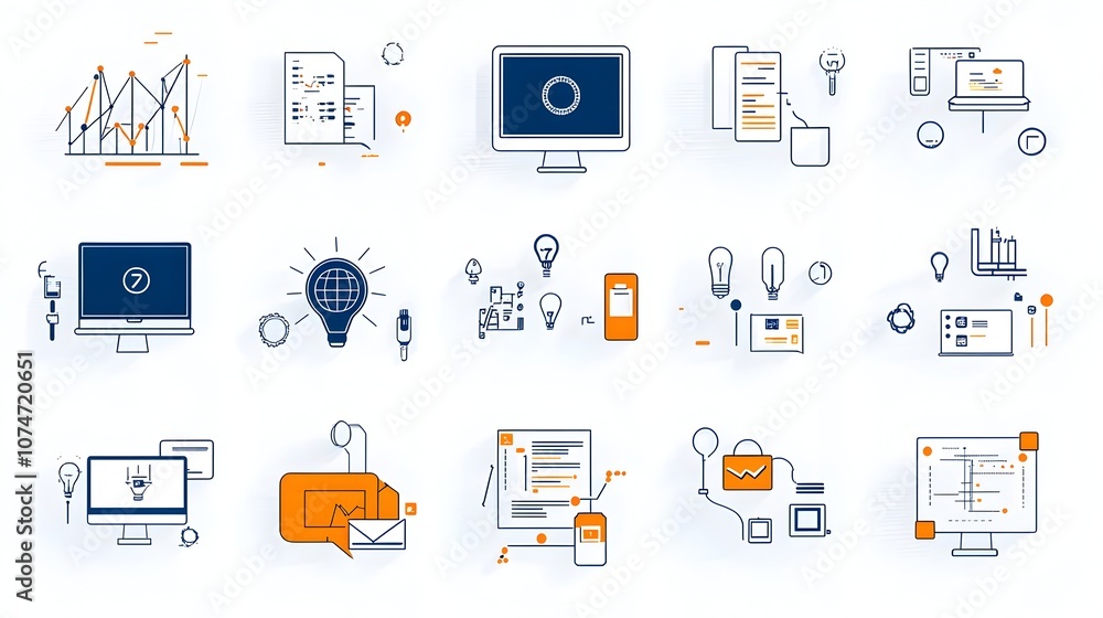 Leinwandbilder Set of Minimalist Outline Style Icons Representing Various DevOps Development and Concepts in Flat Design Isolated on White Background