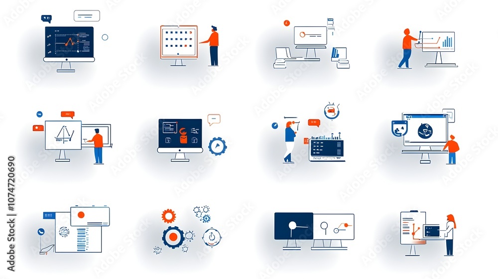 Fototapete Flat icons depicting various DevOps tools and processes in an editable outline style isolated on a white background