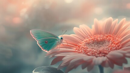Macro image of a vibrant green moth resting on a light pastel flower, showcasing its detailed wings and vivid colors, contrasted with a softly focused garden setting