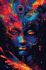 Fototapeta premium Hinduism indian god Krishna art painting graphics.