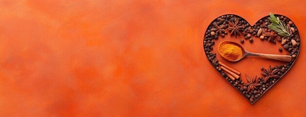 A vibrant heart made of spices with turmeric at the center, inviting culinary creativity and flavor exploration on a warm abstract background