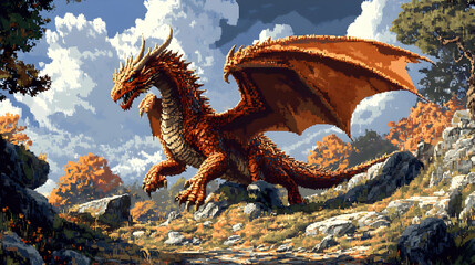 Fototapeta premium Orange Dragon Illustration in a Pixel Art Style
