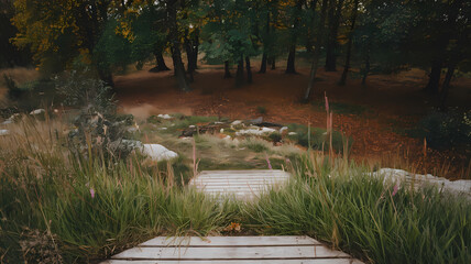 Scenic view of a wooden pathway leading down into a serene, lush forest with autumn foliage and gentle slopes.