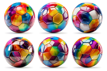Set coillection of colorful rainbow colored modern football or soccer balls isolated on white background. sign symbol of fair play, human rights concept symbol and design pattern