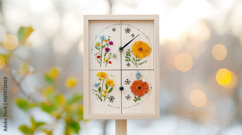 Poster charming wooden clock tower with a dial separated into four seasonal scenes colorful spring flowers 