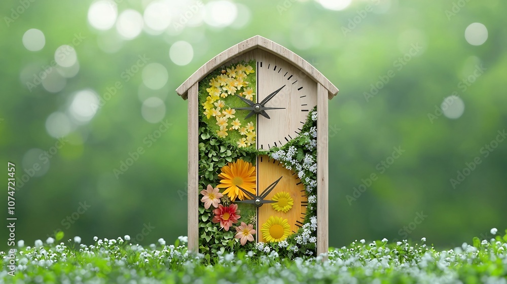 Aufkleber rustic wooden clock tower with a four part dial each section uniquely designed for a different seaso