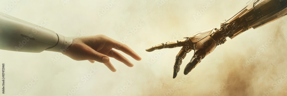 Poster A human hand extends toward a robotic hand in a moment of connection, showcasing the harmony between technology and humanity. Generative AI