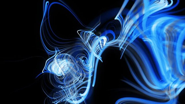 Visualization of neural network operation bg. Abstract fast lines of light streaks in air. Stream of lines forms curled blue lines like glow light trails, lines form swirling pattern like curle noise.