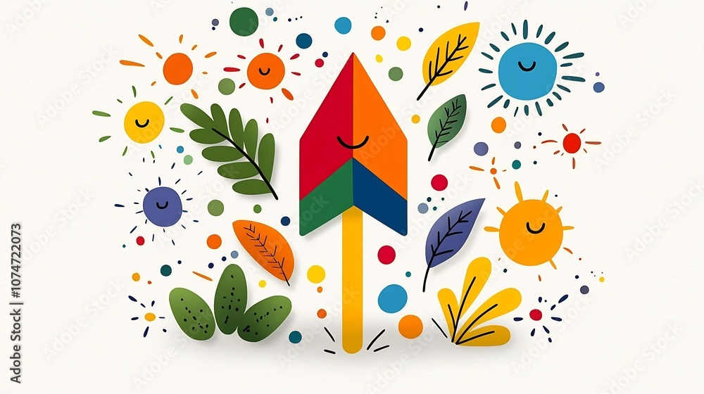 Aufkleber of a colorful upward pointing arrow filled with bright hues encircled by a dynamic arrangement of natural elements like green yellow orange and blue leaves