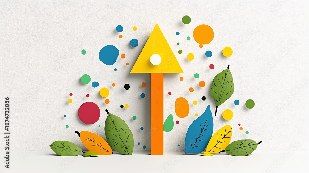 Poster Upward Pointing Colorful Arrow Surrounded by Vibrant Natural Elements Symbolizing Joy Energy and Dynamic Movement