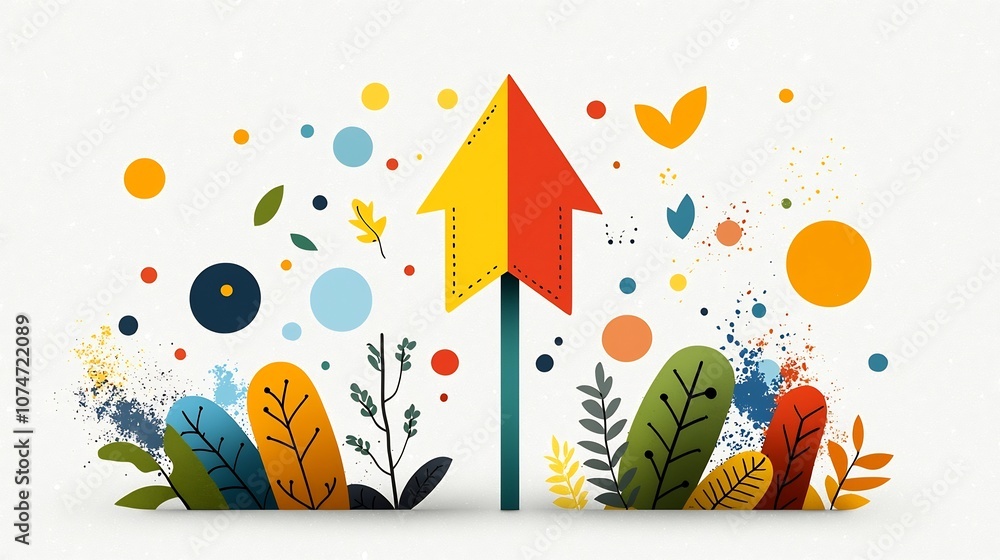 Poster vibrant and energetic upward pointing arrow design encircled by lush natural elements like leaves in