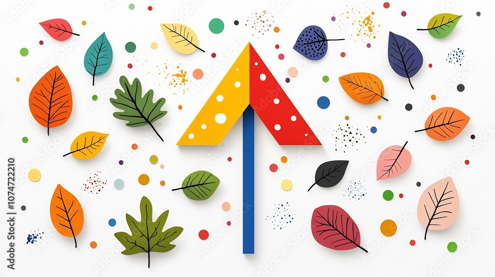 Poster Vibrant upward arrow surrounded by a festive arrangement of colorful leaves natural elements and paint splashes and scattered dots symbolizing growth progress and joy