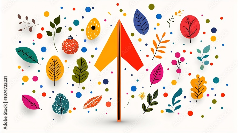 Poster vibrant upward arrow surrounded by festive natural elements such as brightly colored leaves and foli