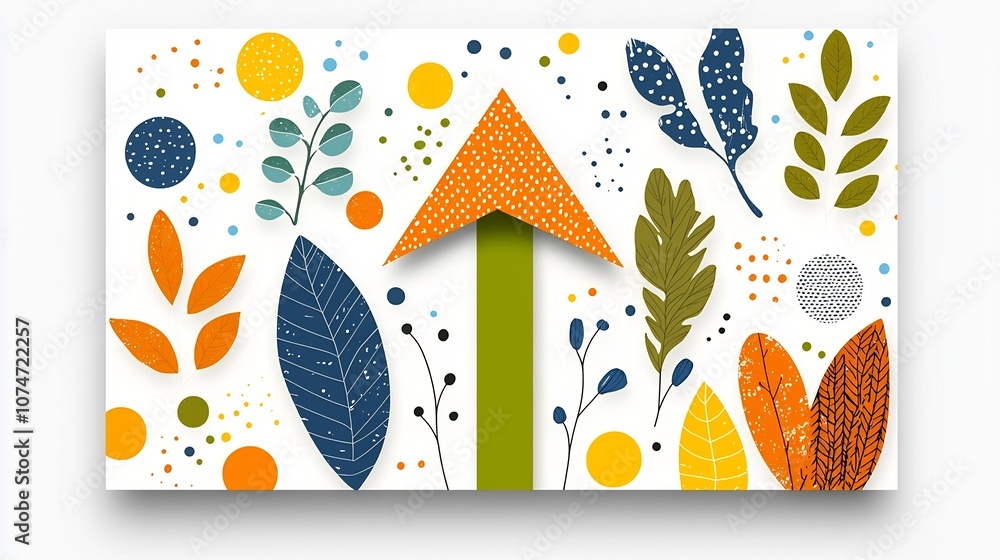 Poster Bold Upward Arrow Amidst Vibrant Nature Inspired Patterns and Splashed Colors Creating an Energetic Celebratory Backdrop