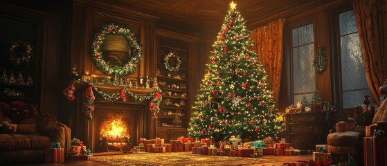 A cozy living room decorated for Christmas with a large illuminated tree, burning fireplace, and numerous wrapped presents scattered across the floor. The traditional Generative AI scene. 