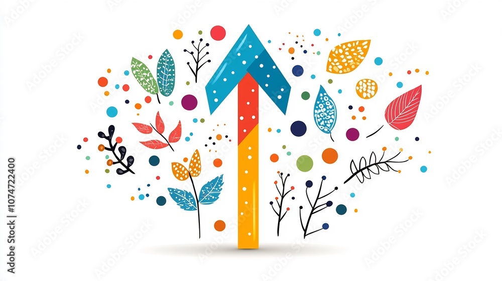 Poster vibrant and lively graphic of an upward arrow adorned with colorful nature patterns leaves and festi