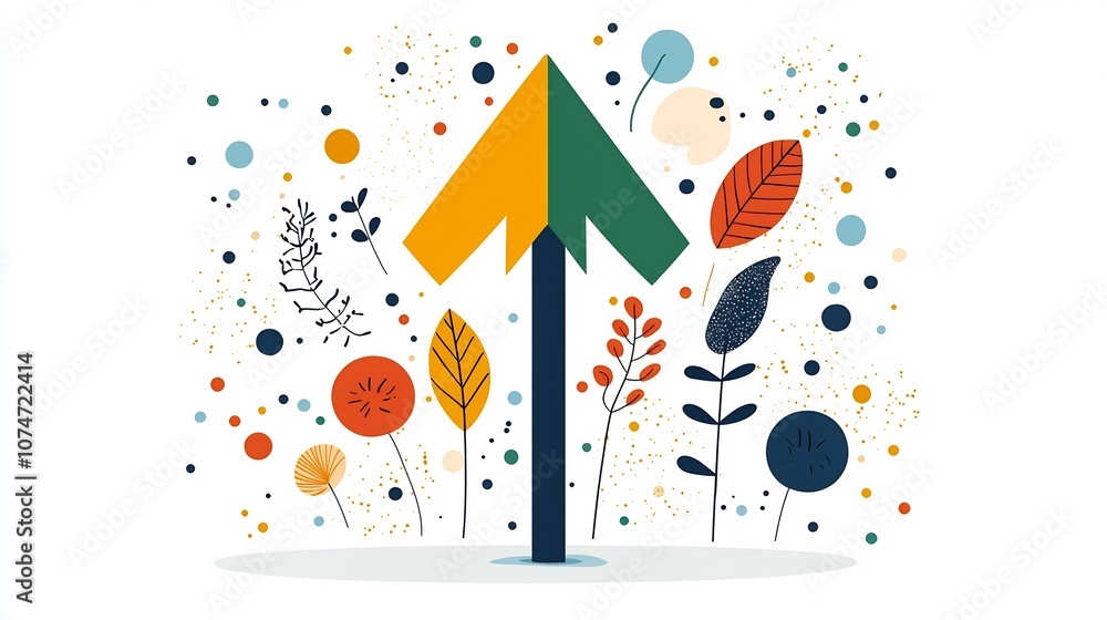 Poster Vibrant Upward Arrow Surrounded by Colorful Abstract Leaves Splashes and Dotted Background Representing Energy and Growth