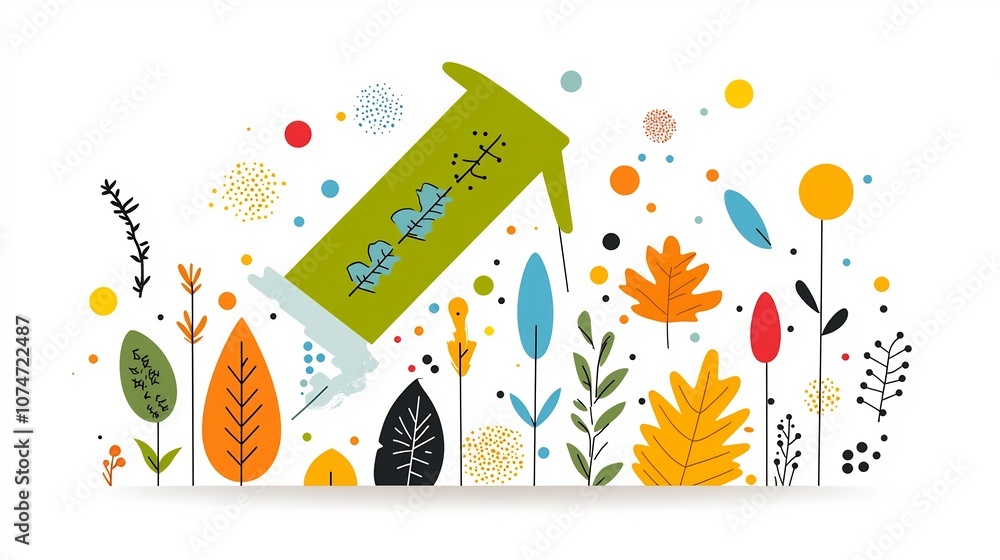 Poster Festive upward arrow graphic featuring a vibrant mix of colorful autumn leaves natural elements and a playful background of dots and paint splatters to convey a sense of and progress