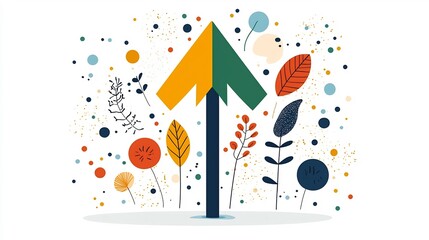 Vibrant Upward Arrow Surrounded by Colorful Abstract Leaves Splashes and Dotted Background Representing Energy and Growth