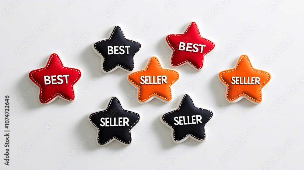 Aufkleber stylish and eye catching eight pointed star best seller badges in red orange and black color schemes