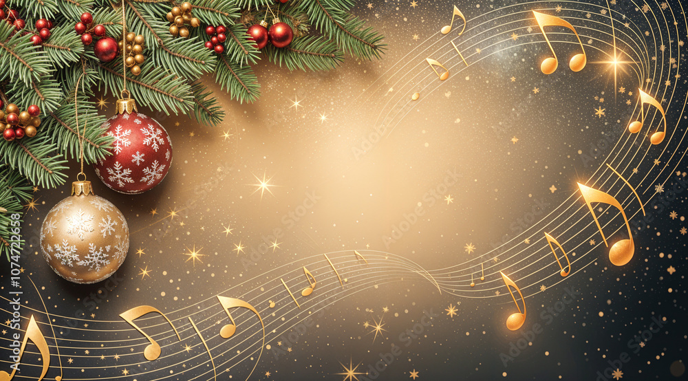 Poster christmas background with notes and balls. generative ai