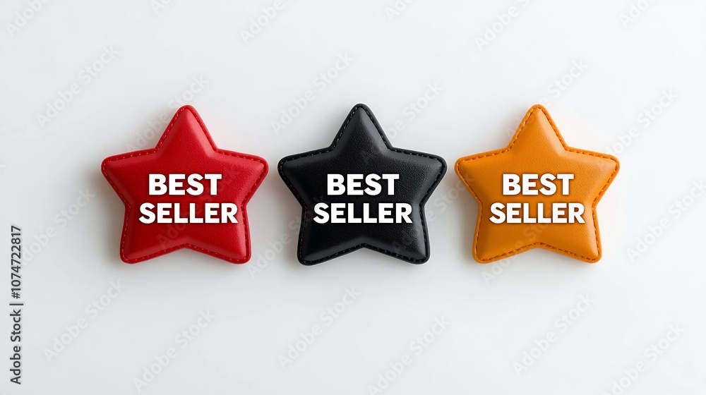 Poster captivating set of three best seller star badges in red orange and black colors with bold white typo