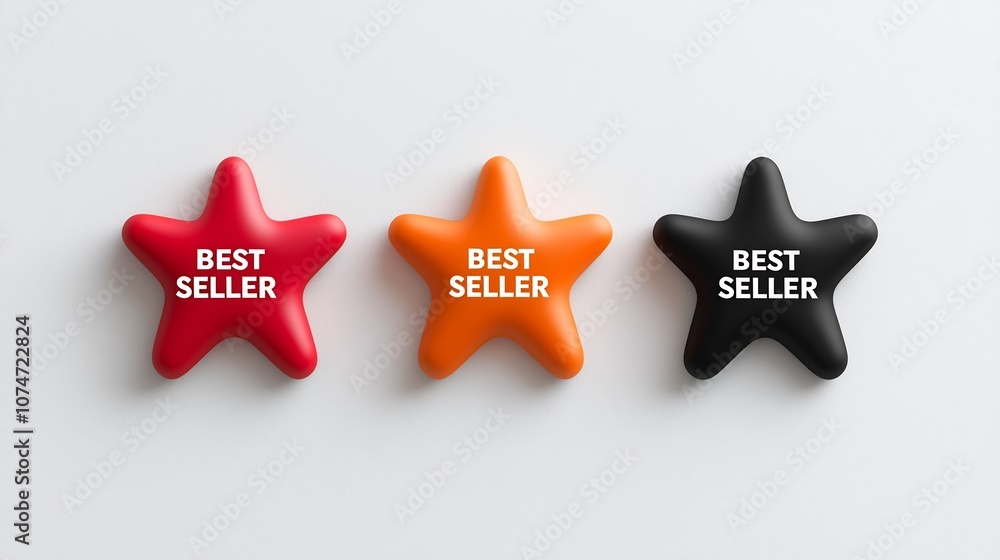 Poster Three colorful eight pointed star badges in shades of red orange and black each with prominent white  BEST SELLER  text in the center displayed on a plain white background