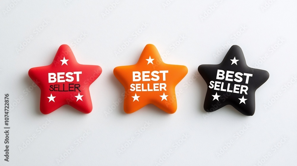 Poster set of three star badges in red orange and black colors with bold white font showcasing a clean and 