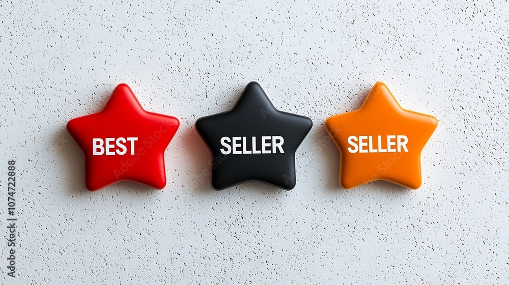 Poster a set of three star badges in bold red orange and black colors with clean minimal white font design 