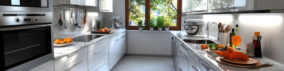 Modern and Stylish Kitchen with Bright Natural Light, Fresh Ingredients, and Beautiful View of Greenery Through Large Windows in Contemporary Design