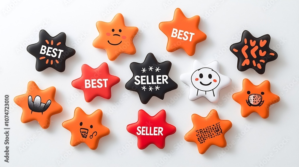 Aufkleber vibrant eight pointed star shaped graphic design labels in red orange and black colors with bold cle