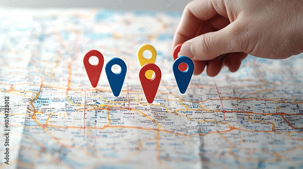Fototapete hand placing colorful location markers on a detailed digital map representing route planning points 