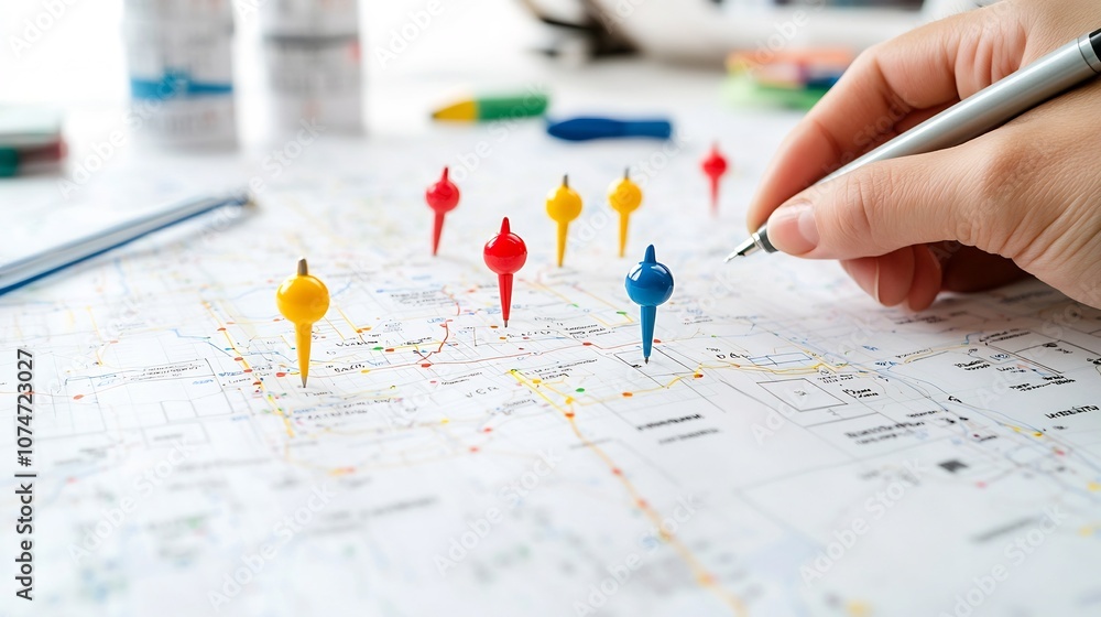 Poster Colorful map markers in red blue and yellow pinned on a map with a hand engaging in travel planning using a pen to plot a route plan a journey or explore new destinations