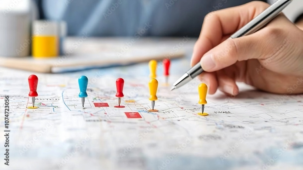 Aufkleber vibrant map markers in red blue and yellow pinned on a map with a hand engaging in travel planning u