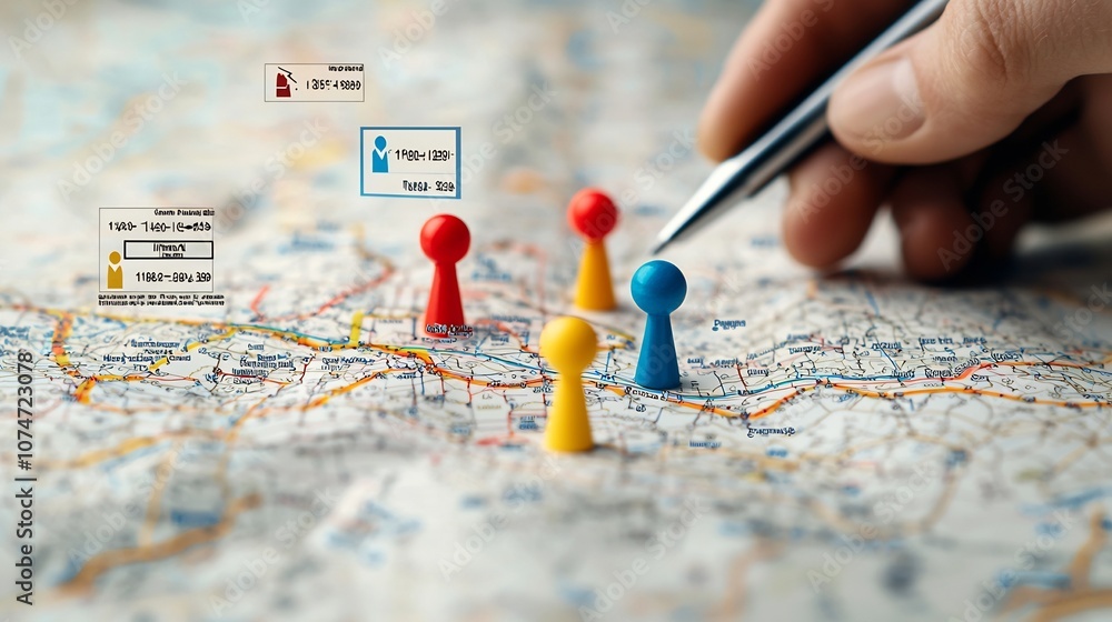 Aufkleber close up view of colorful position markers on a detailed geographic map with a hand holding a pen ne