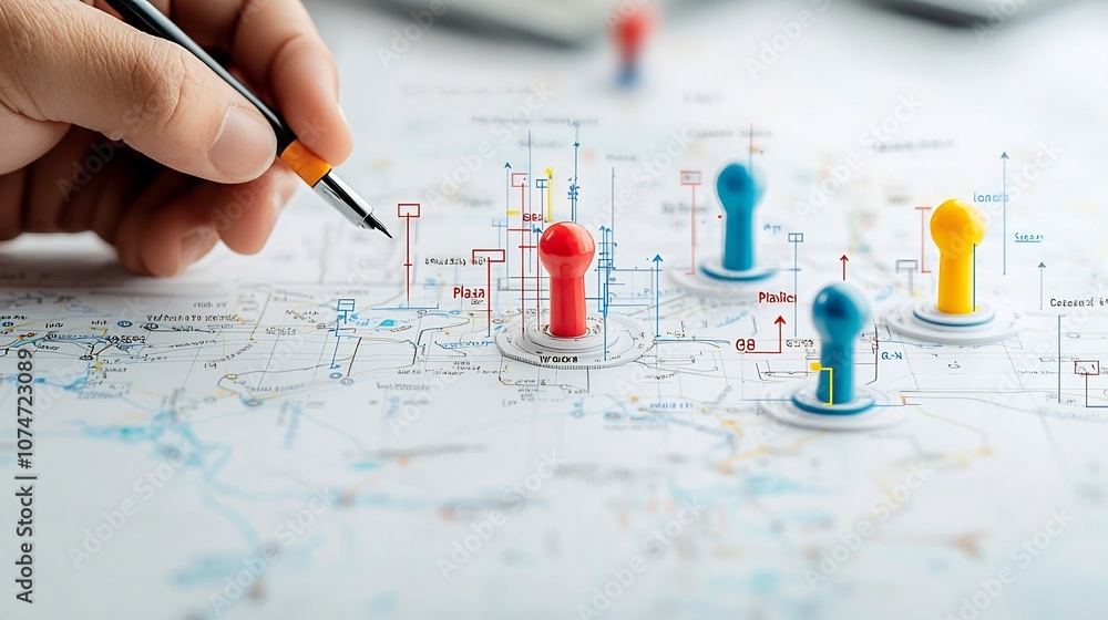Poster close up view of colorful position markers on a detailed geographic map with a human hand holding a 