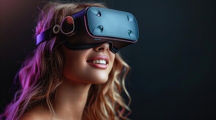 Attractive woman using VR headset and smiling, dark background, soft gradient lighting.