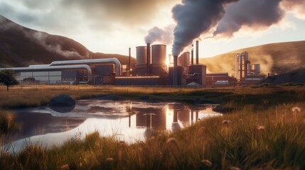 Fototapeta premium Industrial Landscape with Sunset and Smoke