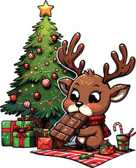 A small reindeer eating a chocolate bar under a Christmas tree